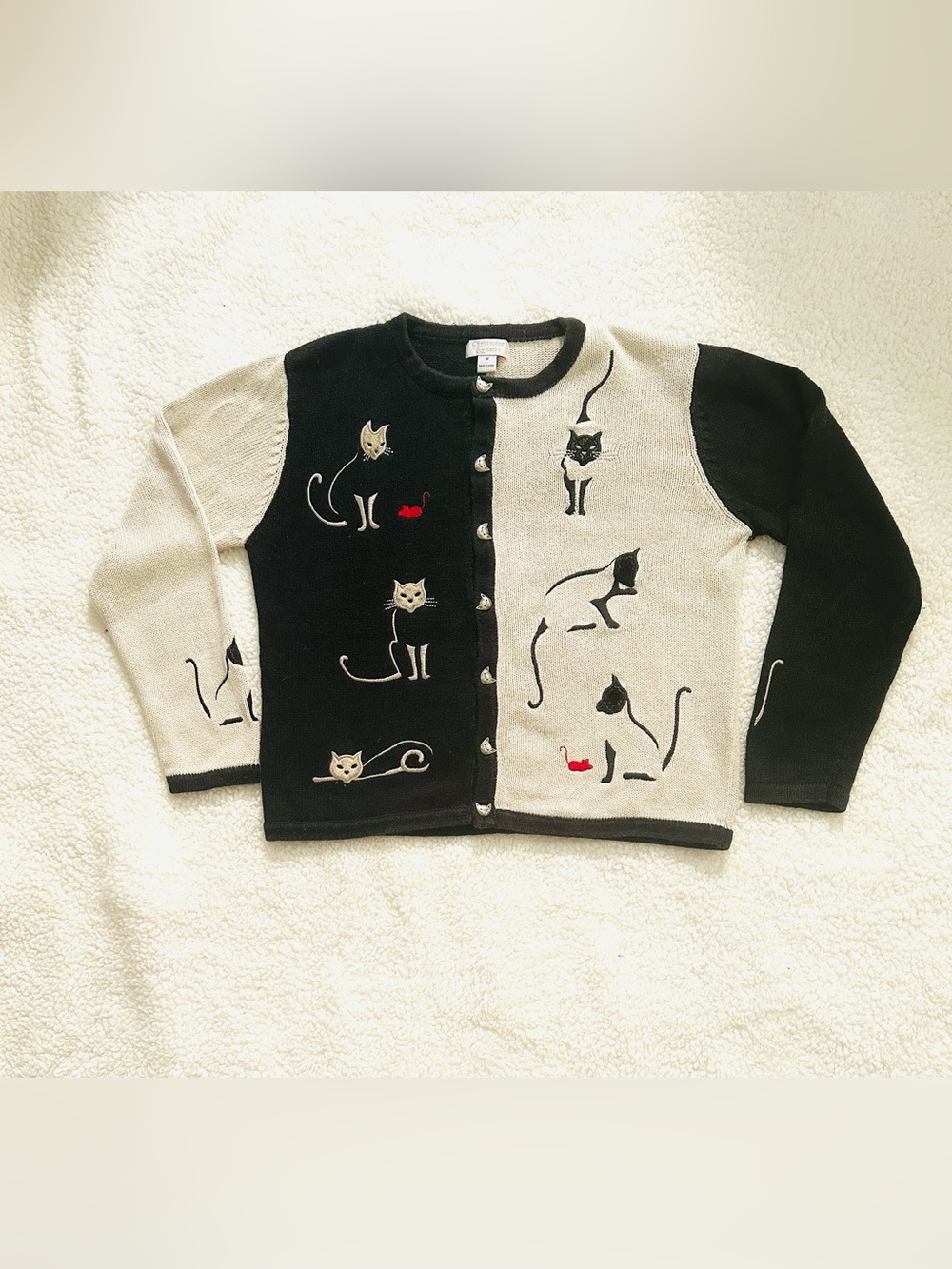 Vintage Christopher & Banks Cat Motif Sweater Cardigan Black & Cream Grandmacore